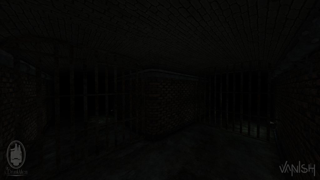 Two different paths of a brick tunnel blocked by metal gates, with glowing green industrial lights shining behind them in front of looming darkness