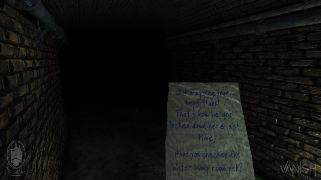 Looking down a brick tunnel into darkness, holding a note that says 