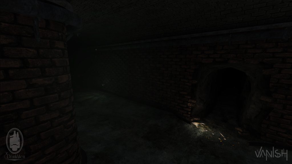 Turning the corner of a brick tunnel with a green industrial light shining in the darkness on the left and a dirt tunnel torn into the right wall with a sparking cut cable